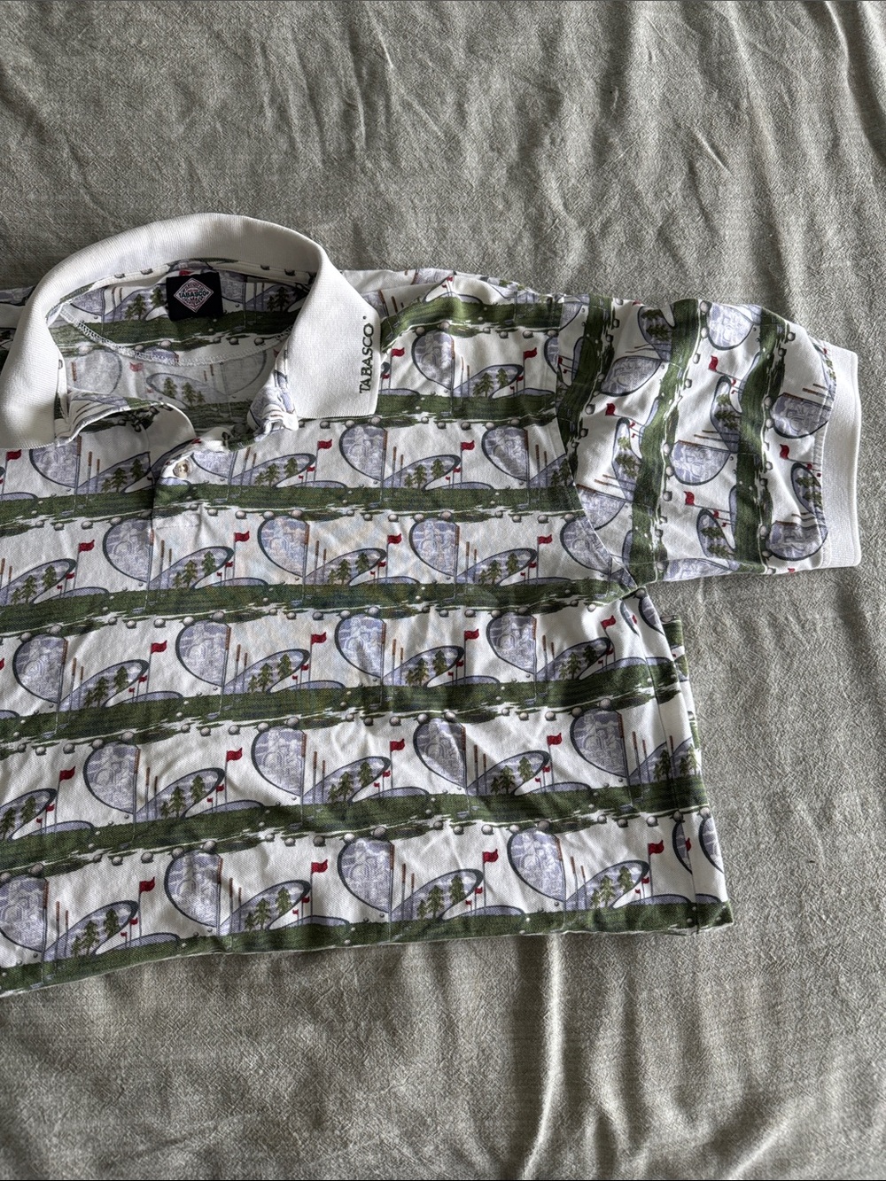 Vintage Tabasco White Polo with Green & Red Golf Scene Print